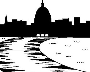Skyline of Madison Wiscosin with points as the road to the capital.